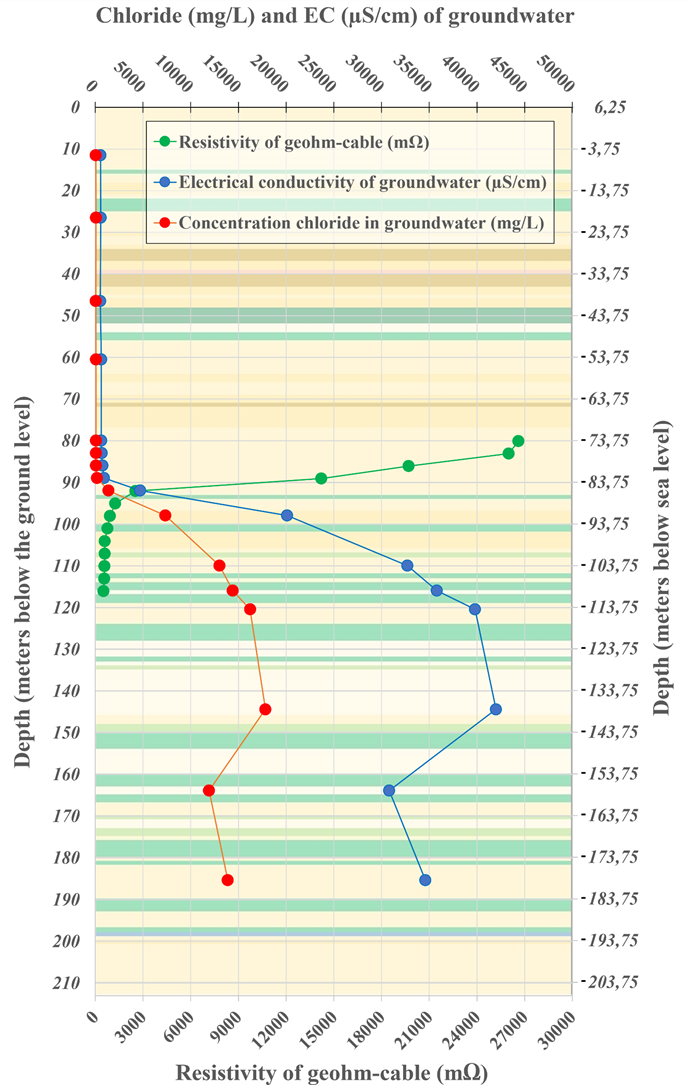 Vertical profiles of electrical conductivity, electrical resistivity and chloride concentration at the pilot location